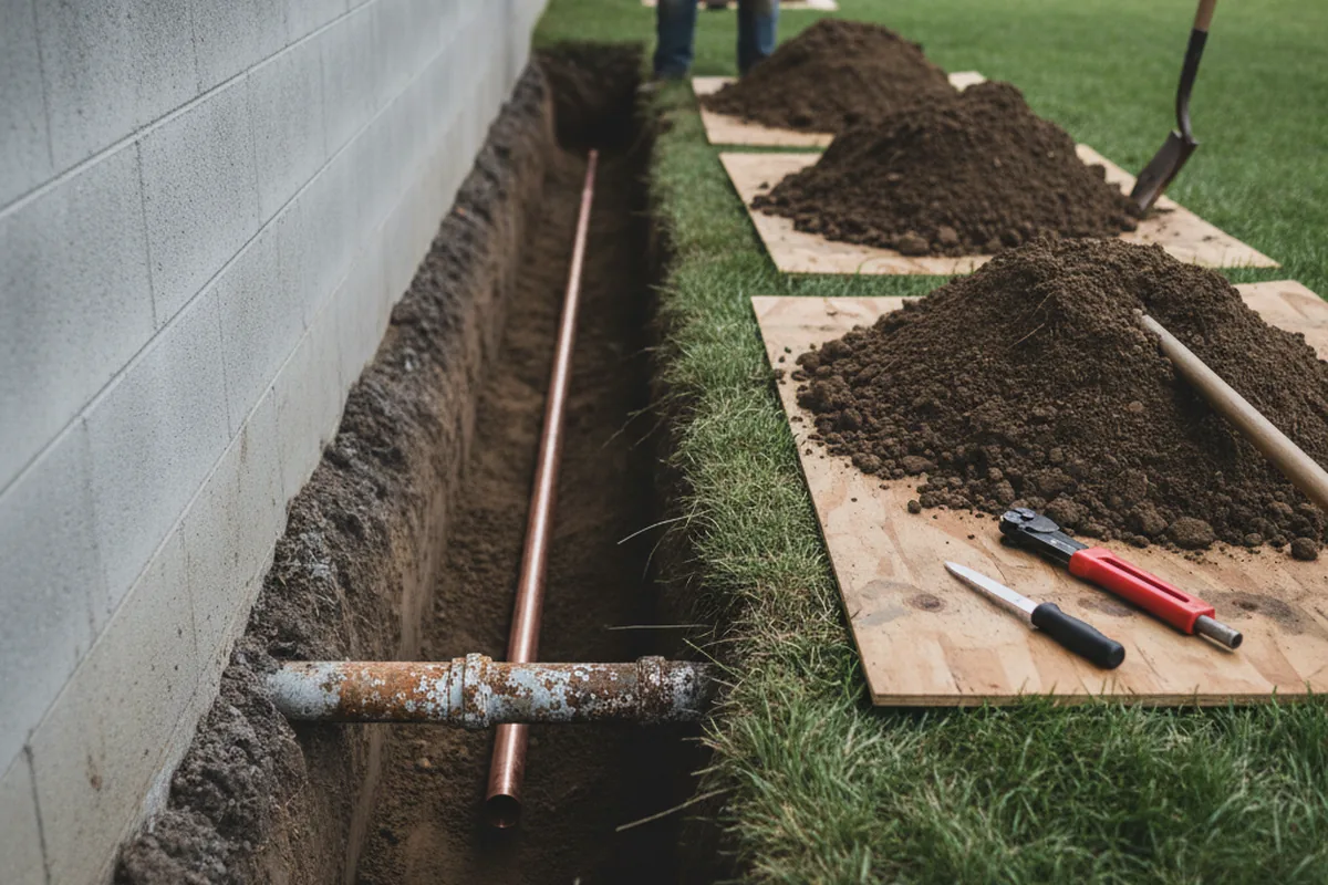 Excavated water line trench during Water Heater Repair in Lee Center
